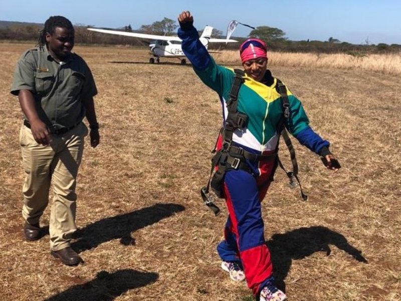 Princess Nandi Zulu after a Skydive for Rhinos jump