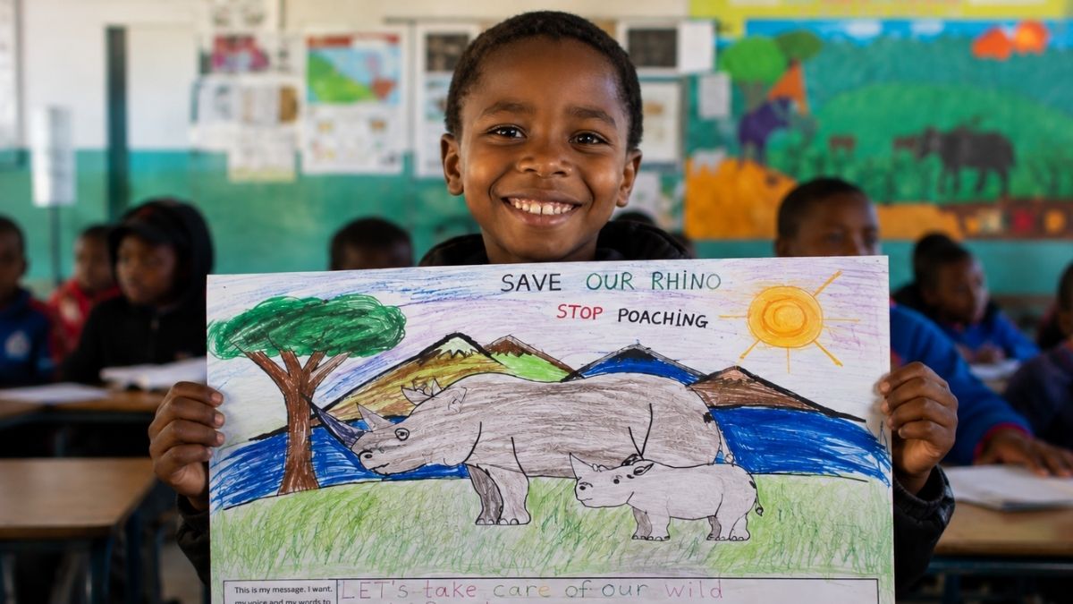 Learner holding Save Our Rhino artwork Learner holding Save Our Rhino artwork